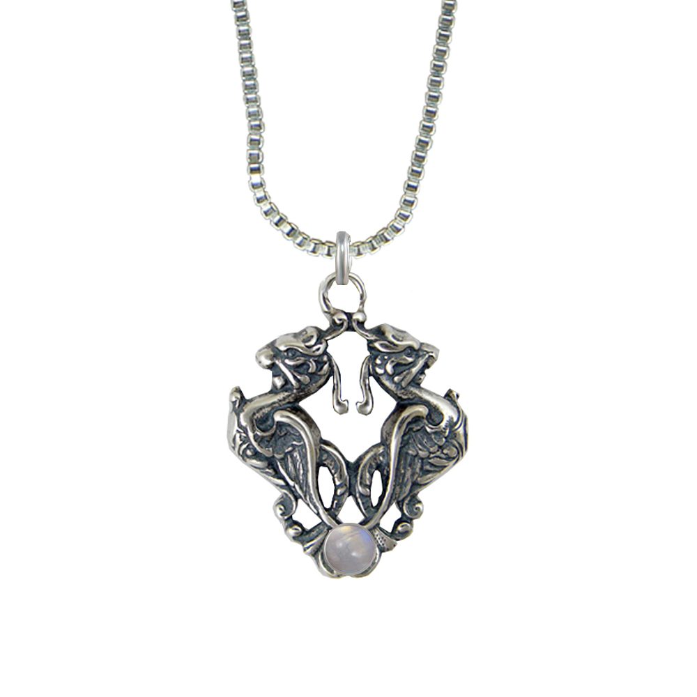 Sterling Silver Double Phoenix Crest Pendant With Rainbow Moonstone